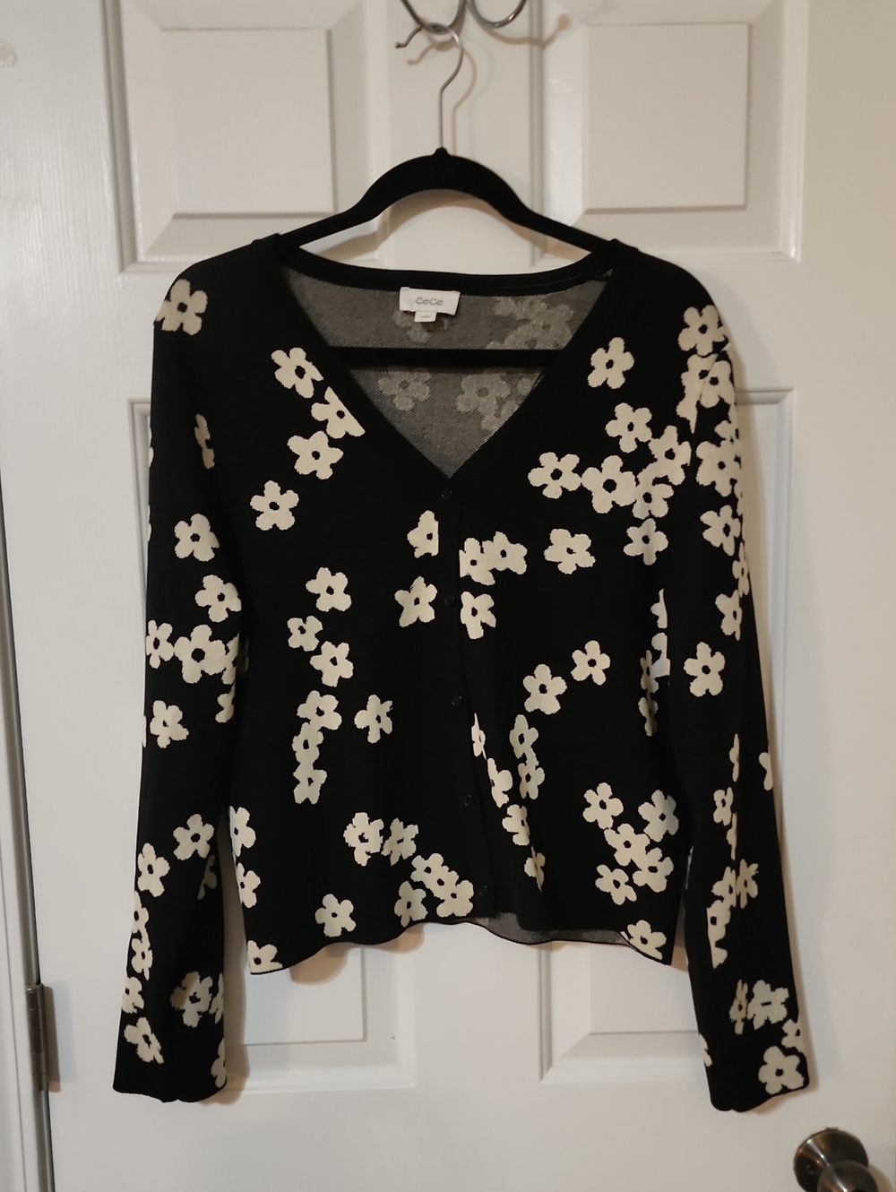 CeCe Black Cardigan with White Floral Print